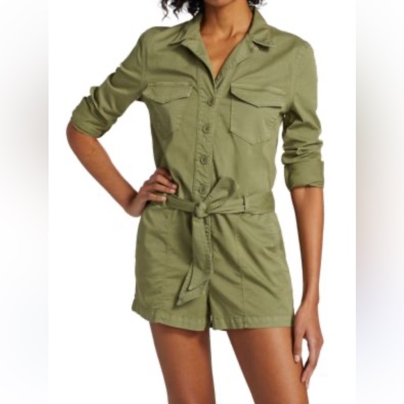 Veronica Beard Pants - Veronica Beard Long Sleeve Button Up Belted Army Green Winifred Romper M